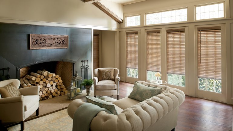 Boise fireplace with blinds